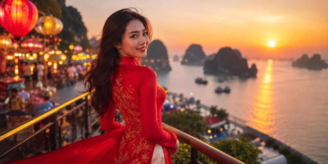 Người dùng trải nghiệm ứng dụng casino trực tuyến tại vịnh Hạ Long với trang phục áo dài