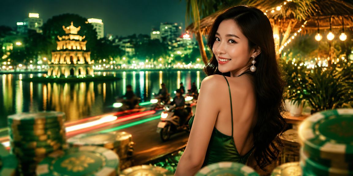 Không khí giải trí ban đêm tại Hà Nội với ánh đèn neon và trò chơi slot Jackpot trực tuyến
